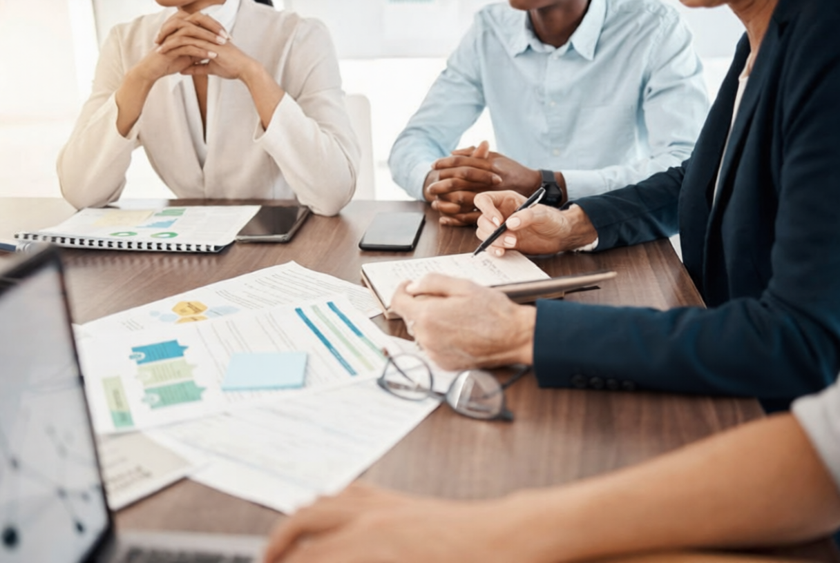 Conceptual leadership image with a central red wooden figure directing colorful arrows toward surrounding team figures